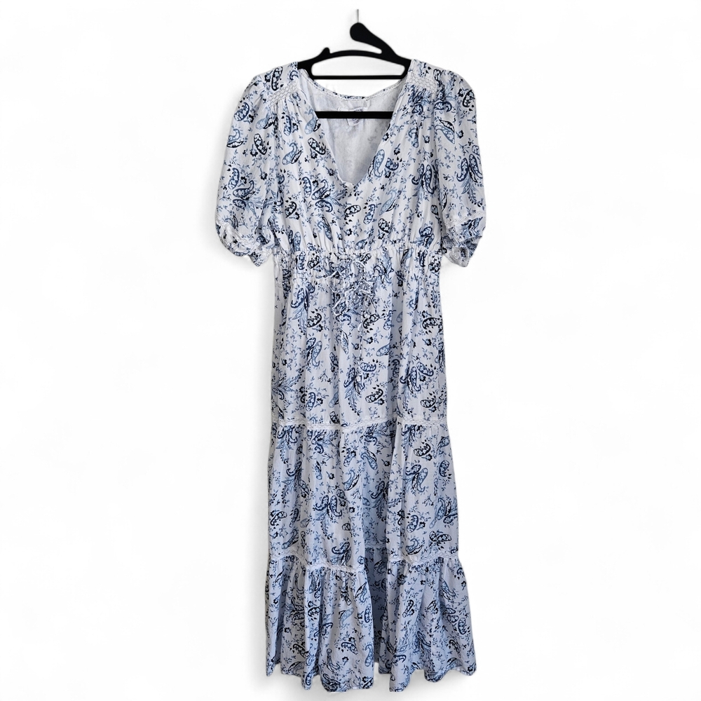 Lucky Brand Blue and White Paisley Midi Dress Boho Cottage Core M